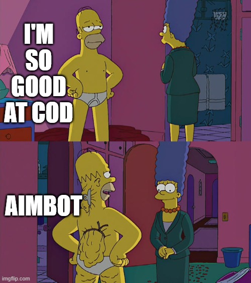 Homer Simpson's Back Fat | I'M SO GOOD AT COD; AIMBOT | image tagged in homer simpson's back fat,memes,funny,funny memes | made w/ Imgflip meme maker