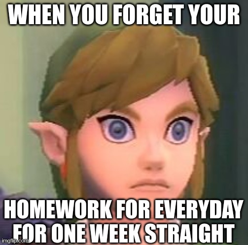 Link shock | WHEN YOU FORGET YOUR; HOMEWORK FOR EVERYDAY FOR ONE WEEK STRAIGHT | image tagged in link shock | made w/ Imgflip meme maker