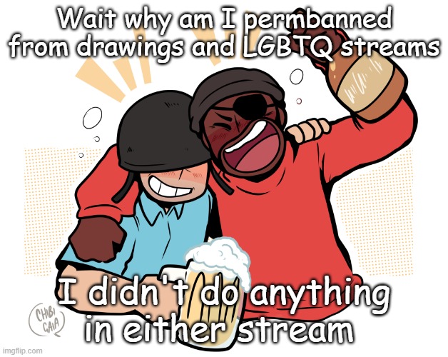 soldier and demo | Wait why am I permbanned from drawings and LGBTQ streams; I didn't do anything in either stream | image tagged in soldier and demo | made w/ Imgflip meme maker