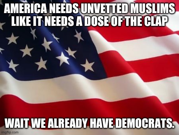 Yep I said it | AMERICA NEEDS UNVETTED MUSLIMS LIKE IT NEEDS A DOSE OF THE CLAP; WAIT WE ALREADY HAVE DEMOCRATS. | image tagged in american flag,democrats,border security | made w/ Imgflip meme maker