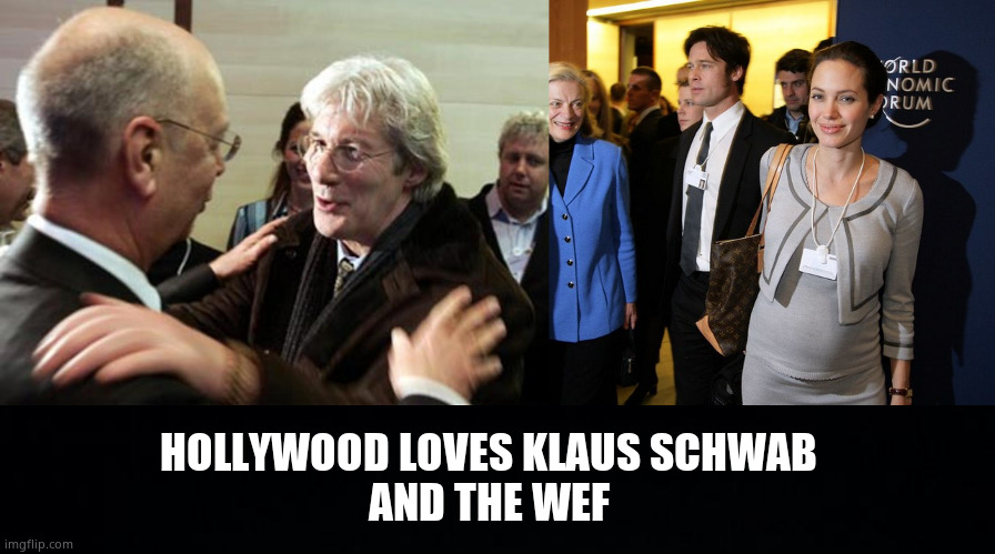 HOLLYWOOD LOVES KLAUS SCHWAB
AND THE WEF | image tagged in black background | made w/ Imgflip meme maker