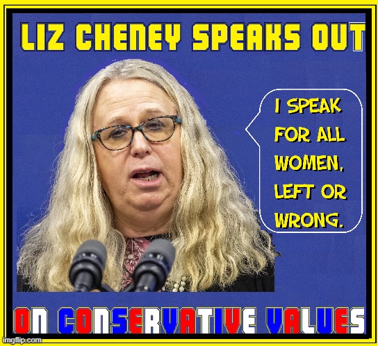 Liz Cheney working on her conservative image... | image tagged in vince vance,liz cheney,memes,conservative,rino,rachel levine | made w/ Imgflip meme maker