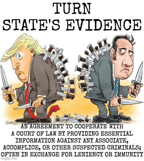 TURN STATE'S EVIDENCE | TURN STATE'S EVIDENCE; AN AGREEMENT TO COOPERATE WITH A COURT OF LAW BY PROVIDING ESSENTIAL INFORMATION AGAINST ANY ASSOCIATE, ACCOMPLICE, OR OTHER SUSPECTED CRIMINALS; OFTEN IN EXCHANGE FOR LENIENCY OR IMMUNITY | image tagged in turn state's evidence,guilt,witness,flip,testify,accomplice | made w/ Imgflip meme maker
