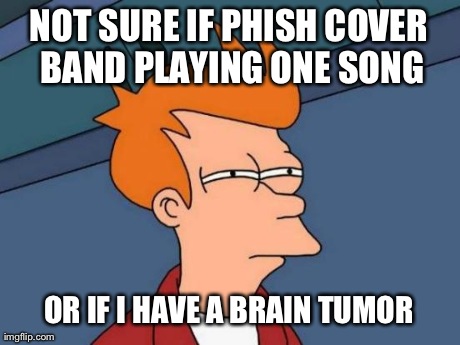 Futurama Fry Meme | NOT SURE IF PHISH COVER BAND PLAYING ONE SONG OR IF I HAVE A BRAIN TUMOR | image tagged in memes,futurama fry,AdviceAnimals | made w/ Imgflip meme maker