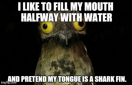 Weird Stuff I Do Potoo Meme | I LIKE TO FILL MY MOUTH HALFWAY WITH WATER AND PRETEND MY TONGUE IS A SHARK FIN. | image tagged in memes,weird stuff i do potoo,AdviceAnimals | made w/ Imgflip meme maker