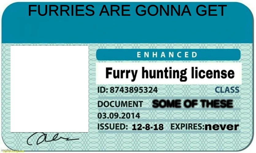 furry hunting license | FURRIES ARE GONNA GET SOME OF THESE | image tagged in furry hunting license | made w/ Imgflip meme maker