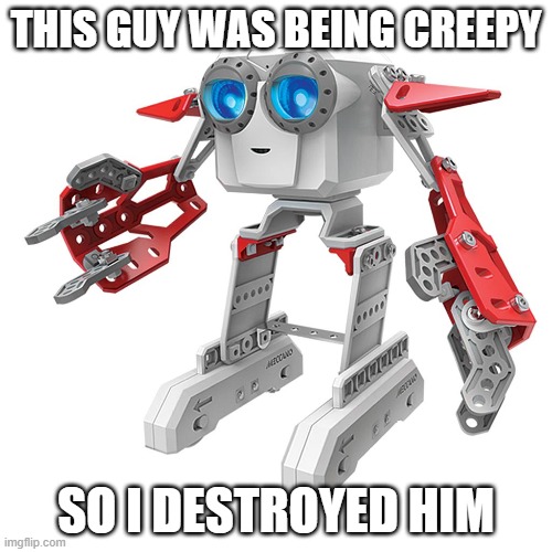 robot toy was being creepy so i bashed his head in with a hammer and a brick | THIS GUY WAS BEING CREEPY; SO I DESTROYED HIM | made w/ Imgflip meme maker