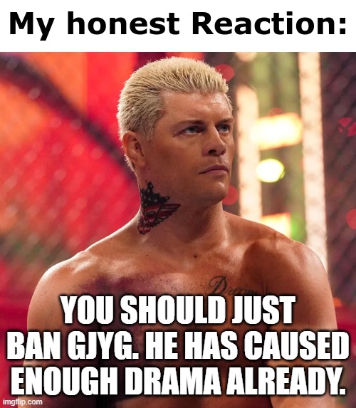 Cody Rhodes "my honest reaction" | YOU SHOULD JUST BAN GJYG. HE HAS CAUSED ENOUGH DRAMA ALREADY. | image tagged in cody rhodes my honest reaction | made w/ Imgflip meme maker