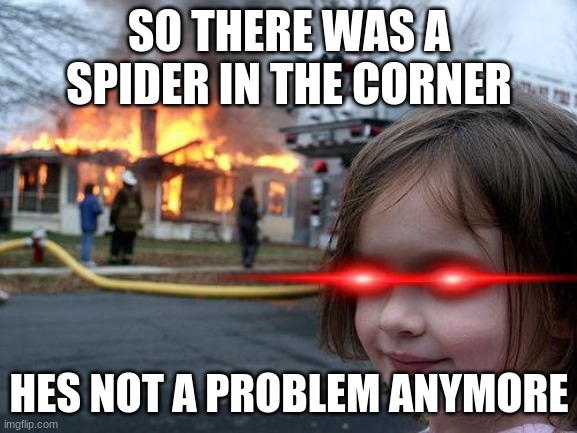 no spiders allowed | SO THERE WAS A SPIDER IN THE CORNER; HES NOT A PROBLEM ANYMORE | image tagged in memes,disaster girl | made w/ Imgflip meme maker