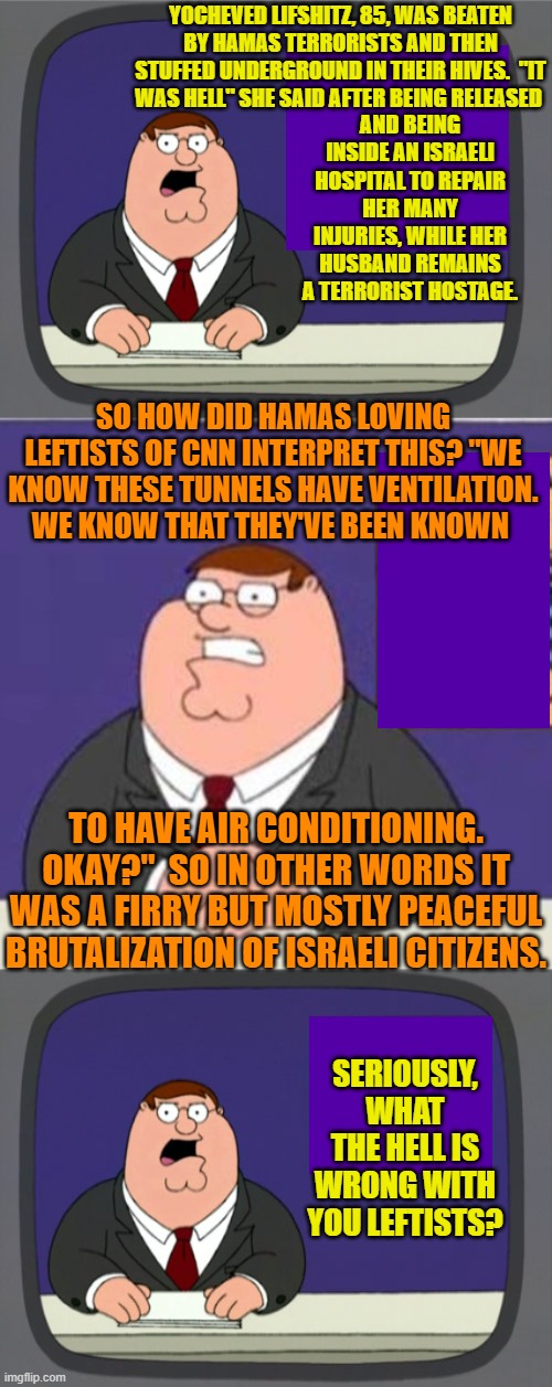 Yes . . . seriously . . . what in the hell is wrong with you leftist mental numbnuts? | YOCHEVED LIFSHITZ, 85, WAS BEATEN BY HAMAS TERRORISTS AND THEN STUFFED UNDERGROUND IN THEIR HIVES.  "IT WAS HELL" SHE SAID AFTER BEING RELEASED; AND BEING INSIDE AN ISRAELI HOSPITAL TO REPAIR HER MANY INJURIES, WHILE HER HUSBAND REMAINS A TERRORIST HOSTAGE. SO HOW DID HAMAS LOVING LEFTISTS OF CNN INTERPRET THIS? "WE KNOW THESE TUNNELS HAVE VENTILATION. WE KNOW THAT THEY'VE BEEN KNOWN; TO HAVE AIR CONDITIONING. OKAY?"  SO IN OTHER WORDS IT WAS A FIRRY BUT MOSTLY PEACEFUL BRUTALIZATION OF ISRAELI CITIZENS. SERIOUSLY, WHAT THE HELL IS WRONG WITH YOU LEFTISTS? | image tagged in peter griffin news | made w/ Imgflip meme maker