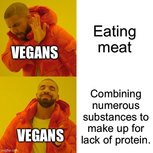 Drake Hotline Bling Meme | Eating meat; VEGANS; Combining numerous substances to make up for lack of protein. VEGANS | image tagged in memes,drake hotline bling | made w/ Imgflip meme maker