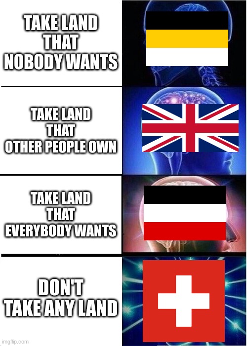 Unfortunate for Switzerland | TAKE LAND THAT NOBODY WANTS; TAKE LAND THAT OTHER PEOPLE OWN; TAKE LAND THAT EVERYBODY WANTS; DON'T TAKE ANY LAND | image tagged in memes,expanding brain | made w/ Imgflip meme maker