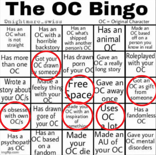 The OC bingo | image tagged in the oc bingo | made w/ Imgflip meme maker