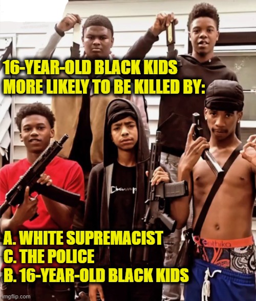 Stop political exploitation | 16-YEAR-OLD BLACK KIDS
MORE LIKELY TO BE KILLED BY:; A. WHITE SUPREMACIST
C. THE POLICE
B. 16-YEAR-OLD BLACK KIDS | made w/ Imgflip meme maker