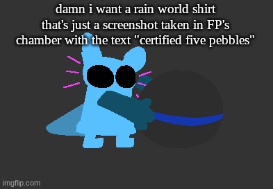 idiot | damn i want a rain world shirt that's just a screenshot taken in FP's chamber with the text "certified five pebbles" | image tagged in idiot | made w/ Imgflip meme maker
