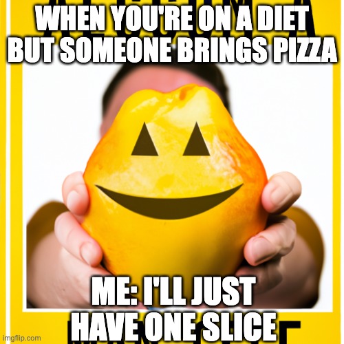 funny meme | WHEN YOU'RE ON A DIET BUT SOMEONE BRINGS PIZZA; ME: I'LL JUST HAVE ONE SLICE | image tagged in funny,meme | made w/ Imgflip meme maker