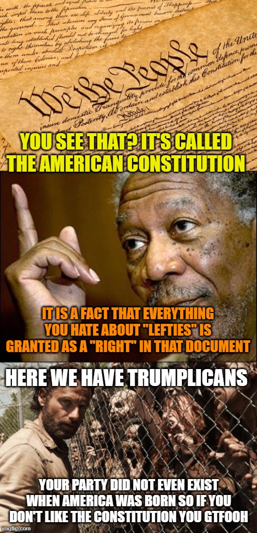 YOU SEE THAT? IT'S CALLED THE AMERICAN CONSTITUTION; IT IS A FACT THAT EVERYTHING YOU HATE ABOUT "LEFTIES" IS GRANTED AS A "RIGHT" IN THAT DOCUMENT; HERE WE HAVE TRUMPLICANS; YOUR PARTY DID NOT EVEN EXIST WHEN AMERICA WAS BORN SO IF YOU DON'T LIKE THE CONSTITUTION YOU GTFOOH | image tagged in us constitution,this morgan freeman,zombies | made w/ Imgflip meme maker