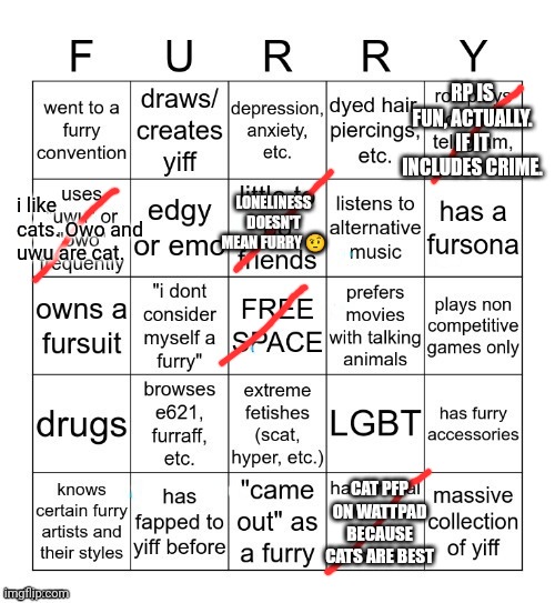 Furry Bingo V2 | RP IS FUN, ACTUALLY. IF IT INCLUDES CRIME. LONELINESS DOESN'T MEAN FURRY 🤨; i like cats. Owo and uwu are cat. CAT PFP ON WATTPAD BECAUSE CATS ARE BEST | image tagged in furry bingo v2 | made w/ Imgflip meme maker