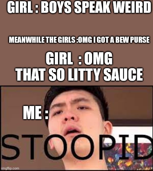 Steven He Stoopid | GIRL : BOYS SPEAK WEIRD; MEANWHILE THE GIRLS :OMG I GOT A BEW PURSE; GIRL  : OMG THAT SO LITTY SAUCE; ME : | image tagged in steven he stoopid | made w/ Imgflip meme maker