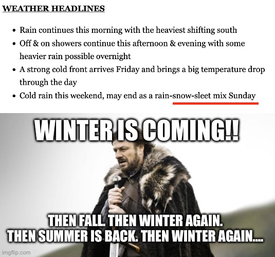 Midwest Winter Is Coming | WINTER IS COMING!! THEN FALL. THEN WINTER AGAIN.  THEN SUMMER IS BACK. THEN WINTER AGAIN…. | image tagged in winter is coming | made w/ Imgflip meme maker