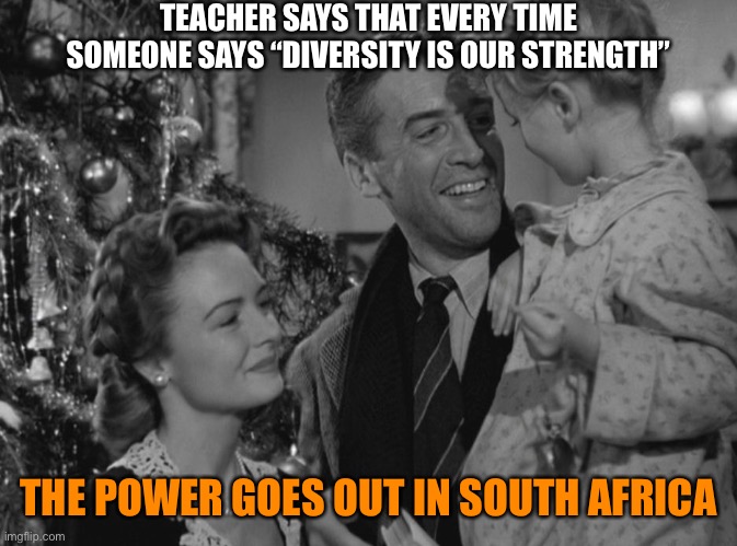 or a Target gets robbed | TEACHER SAYS THAT EVERY TIME SOMEONE SAYS “DIVERSITY IS OUR STRENGTH”; THE POWER GOES OUT IN SOUTH AFRICA | image tagged in it's a wonderful life,memes,diversity,south africa | made w/ Imgflip meme maker