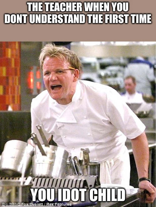 Gordon Ramsay, It's raw | THE TEACHER WHEN YOU DONT UNDERSTAND THE FIRST TIME; YOU IDOT CHILD | image tagged in gordon ramsay it's raw | made w/ Imgflip meme maker