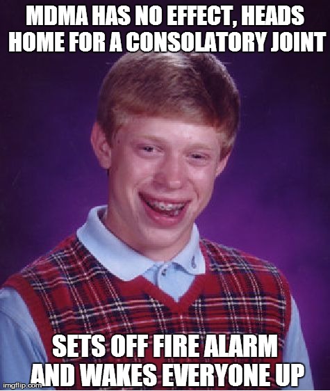 Bad Luck Brian Meme | MDMA HAS NO EFFECT, HEADS HOME FOR A CONSOLATORY JOINT SETS OFF FIRE ALARM AND WAKES EVERYONE UP | image tagged in memes,bad luck brian | made w/ Imgflip meme maker