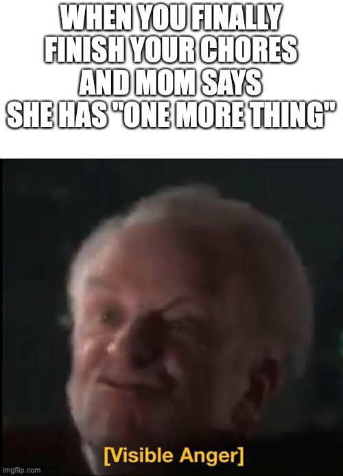 parents are annoying | WHEN YOU FINALLY FINISH YOUR CHORES AND MOM SAYS SHE HAS "ONE MORE THING" | image tagged in visible anger | made w/ Imgflip meme maker