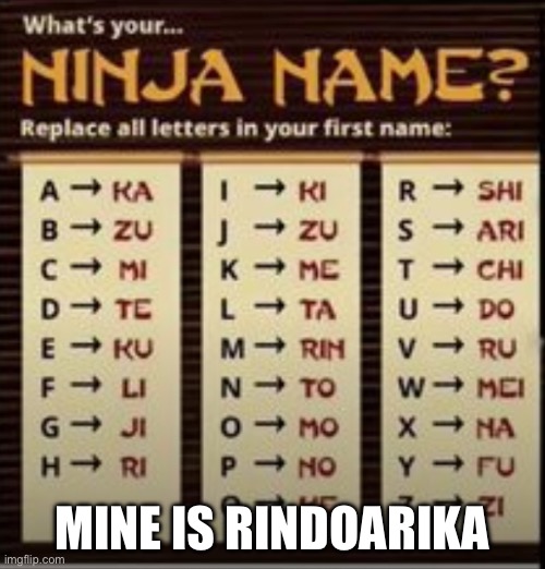 Ninja name | MINE IS RINDOARIKA | image tagged in ninja name,memes | made w/ Imgflip meme maker