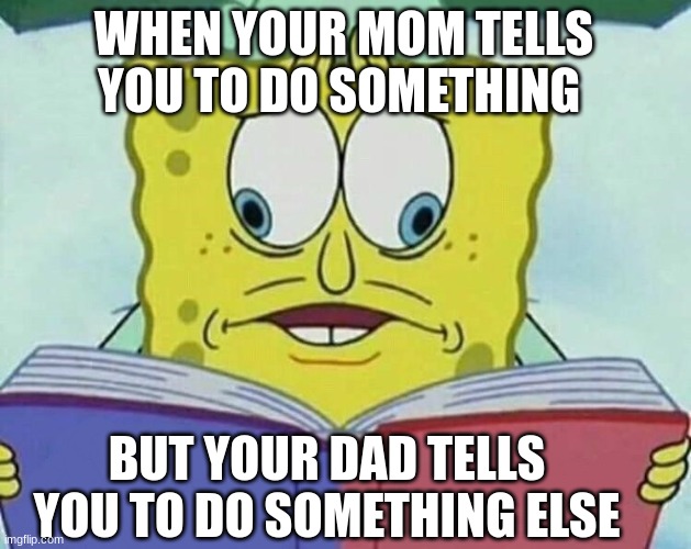 cross eyed spongebob | WHEN YOUR MOM TELLS YOU TO DO SOMETHING; BUT YOUR DAD TELLS YOU TO DO SOMETHING ELSE | image tagged in cross eyed spongebob | made w/ Imgflip meme maker