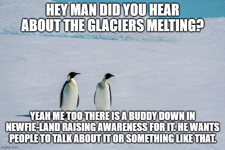 Glasicers | HEY MAN DID YOU HEAR ABOUT THE GLACIERS MELTING? YEAH ME TOO THERE IS A BUDDY DOWN IN NEWFIE-LAND RAISING AWARENESS FOR IT. HE WANTS PEOPLE TO TALK ABOUT IT OR SOMETHING LIKE THAT. | image tagged in school,glasicers | made w/ Imgflip meme maker