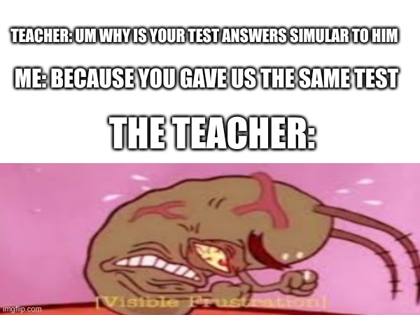 Ahh Teachers.......... | TEACHER: UM WHY IS YOUR TEST ANSWERS SIMULAR TO HIM; ME: BECAUSE YOU GAVE US THE SAME TEST; THE TEACHER: | image tagged in fun | made w/ Imgflip meme maker