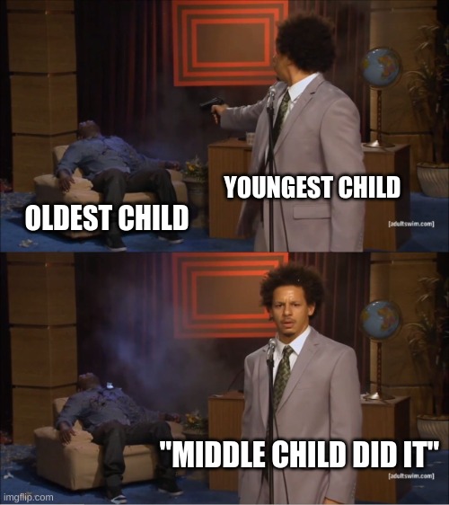 always gets away with it | YOUNGEST CHILD; OLDEST CHILD; "MIDDLE CHILD DID IT" | image tagged in memes,who killed hannibal | made w/ Imgflip meme maker