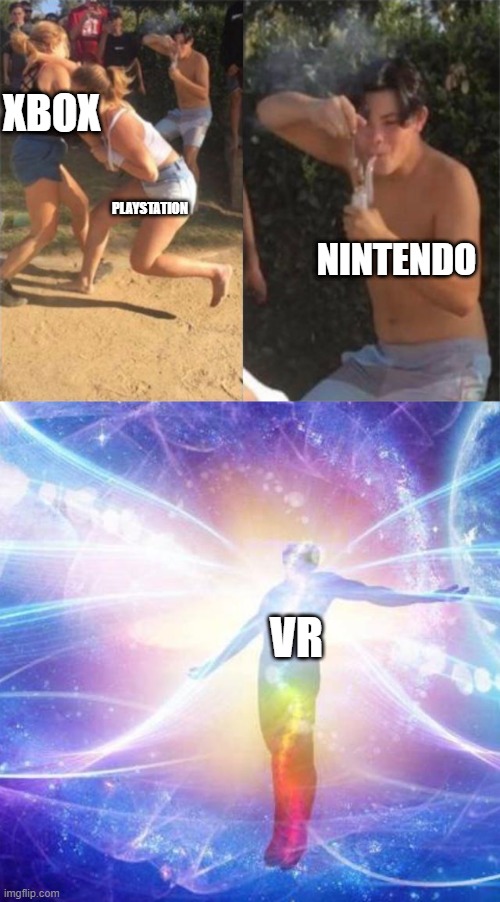 XBOX; PLAYSTATION; NINTENDO; VR | image tagged in two girls fighting,transcendance | made w/ Imgflip meme maker