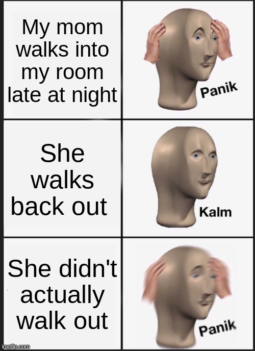 Oh no | My mom walks into my room late at night; She walks back out; She didn't actually walk out | image tagged in memes,panik kalm panik | made w/ Imgflip meme maker