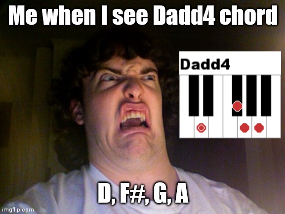 So many chords | Me when I see Dadd4 chord; D, F#, G, A | image tagged in memes,oh no,music,chords | made w/ Imgflip meme maker