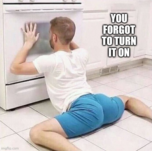 Man Checking Oven | YOU FORGOT TO TURN IT ON | image tagged in man checking oven | made w/ Imgflip meme maker