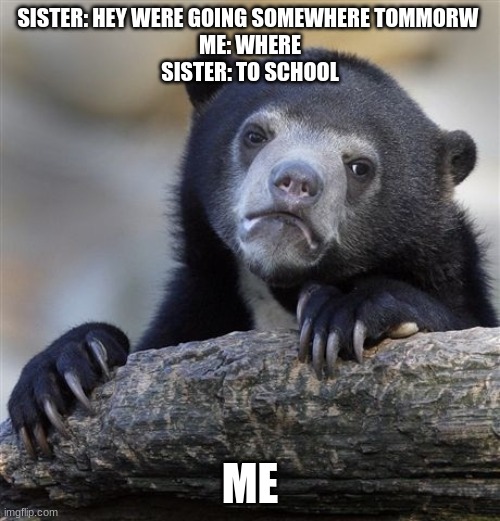 Confession Bear Meme | SISTER: HEY WERE GOING SOMEWHERE TOMMORW 
ME: WHERE
SISTER: TO SCHOOL; ME | image tagged in memes,confession bear | made w/ Imgflip meme maker