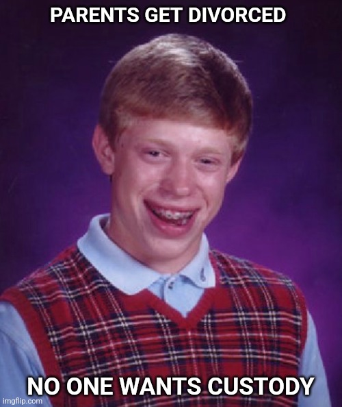Divorce | PARENTS GET DIVORCED; NO ONE WANTS CUSTODY | image tagged in bad luck brian | made w/ Imgflip meme maker
