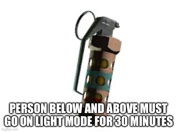 flashbang | PERSON BELOW AND ABOVE MUST GO ON LIGHT MODE FOR 30 MINUTES | image tagged in flashbang | made w/ Imgflip meme maker