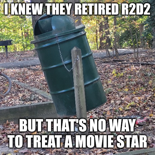 Placed on trash duty at the park | I KNEW THEY RETIRED R2D2; BUT THAT'S NO WAY TO TREAT A MOVIE STAR | image tagged in r2d2,star wars,robot,trash can,funny memes | made w/ Imgflip meme maker