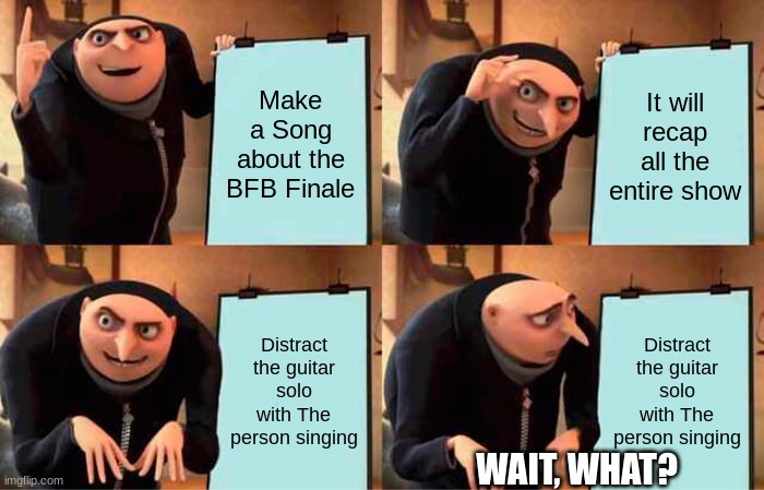 Gru's Plan Meme | Make a Song about the BFB Finale; It will recap all the entire show; Distract the guitar solo with The person singing; Distract the guitar solo with The person singing; WAIT, WHAT? | image tagged in memes,gru's plan | made w/ Imgflip meme maker