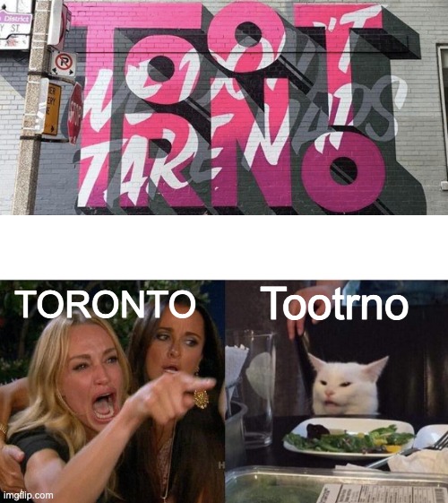 Tootrno; TORONTO | image tagged in tootrno,memes,woman yelling at cat,toronto | made w/ Imgflip meme maker