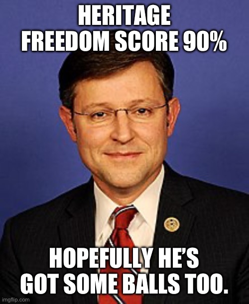 Mike Johnson new speaker of the House. | HERITAGE FREEDOM SCORE 90%; HOPEFULLY HE’S GOT SOME BALLS TOO. | image tagged in mike johnson,congress,speaker,donald trump,republicans,conservatives | made w/ Imgflip meme maker