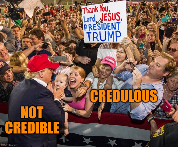 Cred | CREDULOUS; NOT CREDIBLE | image tagged in trump lies,maga swallows,judge arthur engoron doesn't | made w/ Imgflip meme maker
