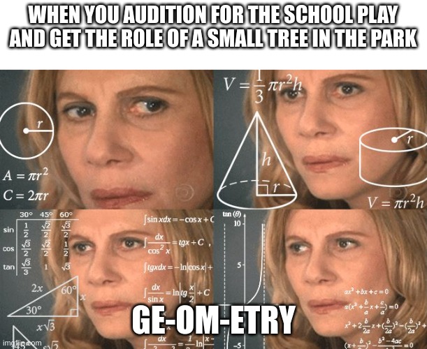 Ge-om-etry geometry gee om a tree get it | WHEN YOU AUDITION FOR THE SCHOOL PLAY AND GET THE ROLE OF A SMALL TREE IN THE PARK; GE-OM-ETRY | image tagged in geometrie | made w/ Imgflip meme maker
