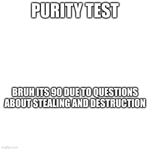 PURITY TEST; BRUH ITS 90 DUE TO QUESTIONS ABOUT STEALING AND DESTRUCTION | made w/ Imgflip meme maker