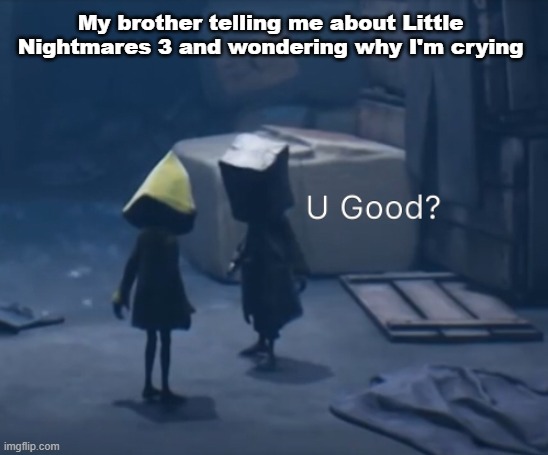 Mono U Good? | My brother telling me about Little Nightmares 3 and wondering why I'm crying | image tagged in mono u good | made w/ Imgflip meme maker