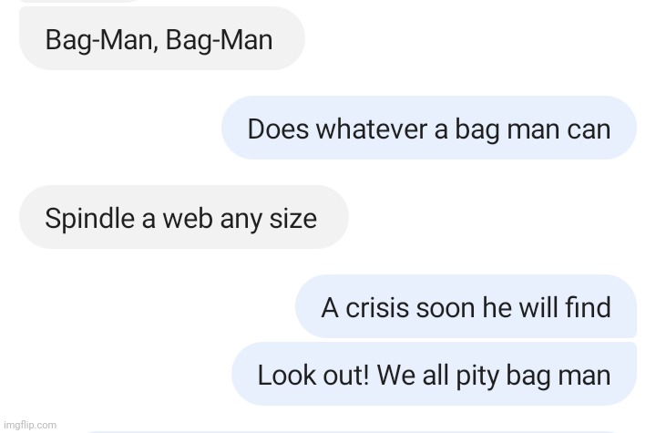 Bag-Man (Part 1) | image tagged in spiderman | made w/ Imgflip meme maker