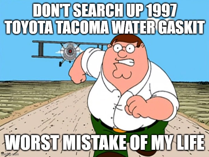 Oh Shi- | DON'T SEARCH UP 1997 TOYOTA TACOMA WATER GASKIT; WORST MISTAKE OF MY LIFE | image tagged in peter griffin running away,why are you reading the tags,barney will eat all of your delectable biscuits | made w/ Imgflip meme maker